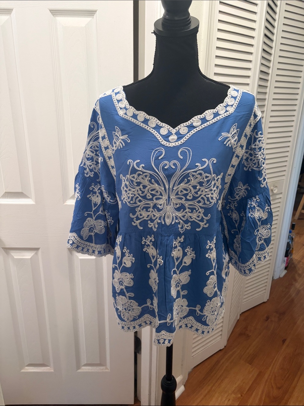Chic Connection Vibrant Blue Embroidered V-Neck Boho Peasant Top